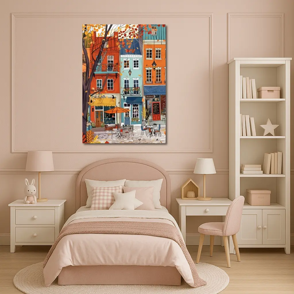 Autumn Street Cafe Colorful European City Illustration – Wall Art