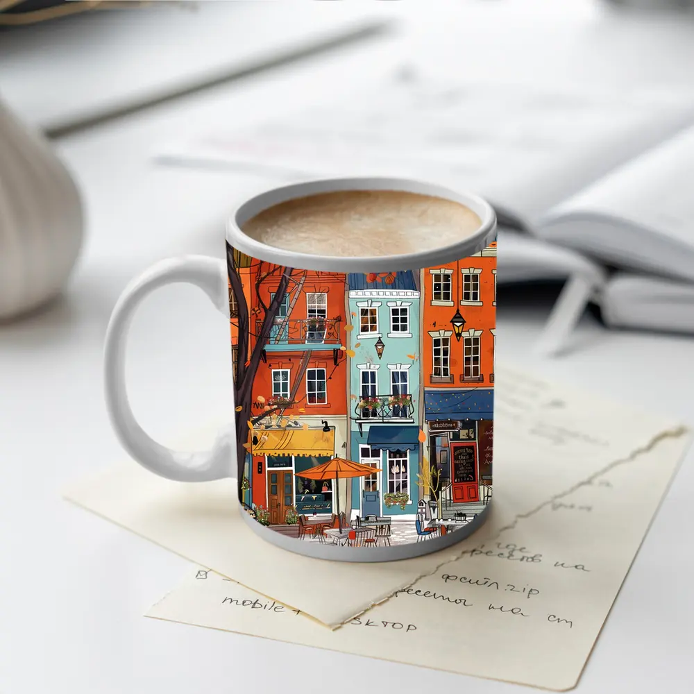Autumn Street Cafe Colorful European City Illustration – Mugs