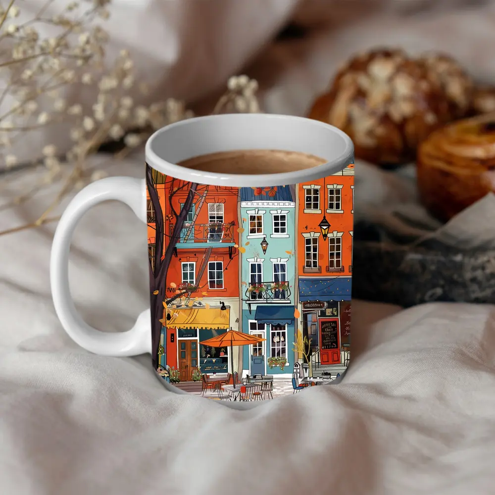 Autumn Street Cafe Colorful European City Illustration – Mugs