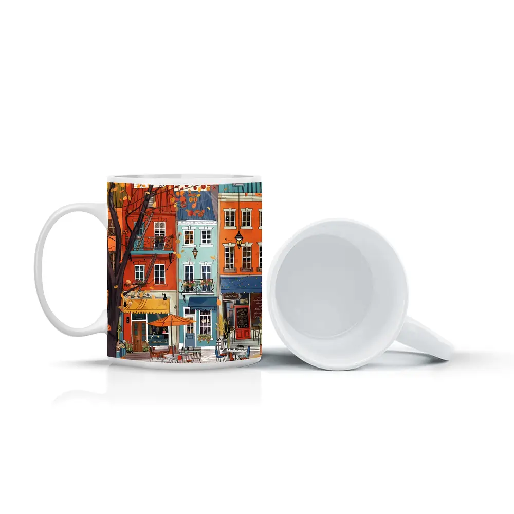 Autumn Street Cafe Colorful European City Illustration – Mugs