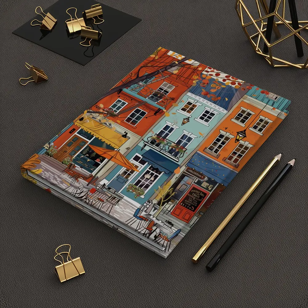 Autumn Street Cafe Colorful European City Illustration – Notebooks