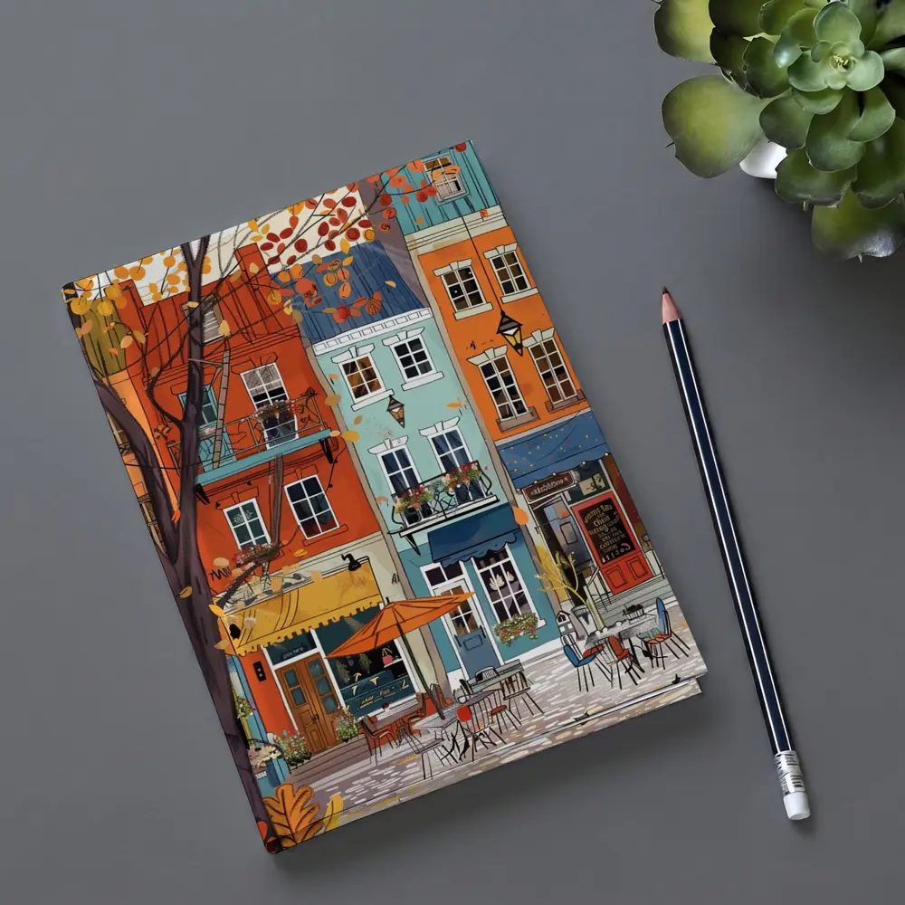 Autumn Street Cafe Colorful European City Illustration – Notebooks