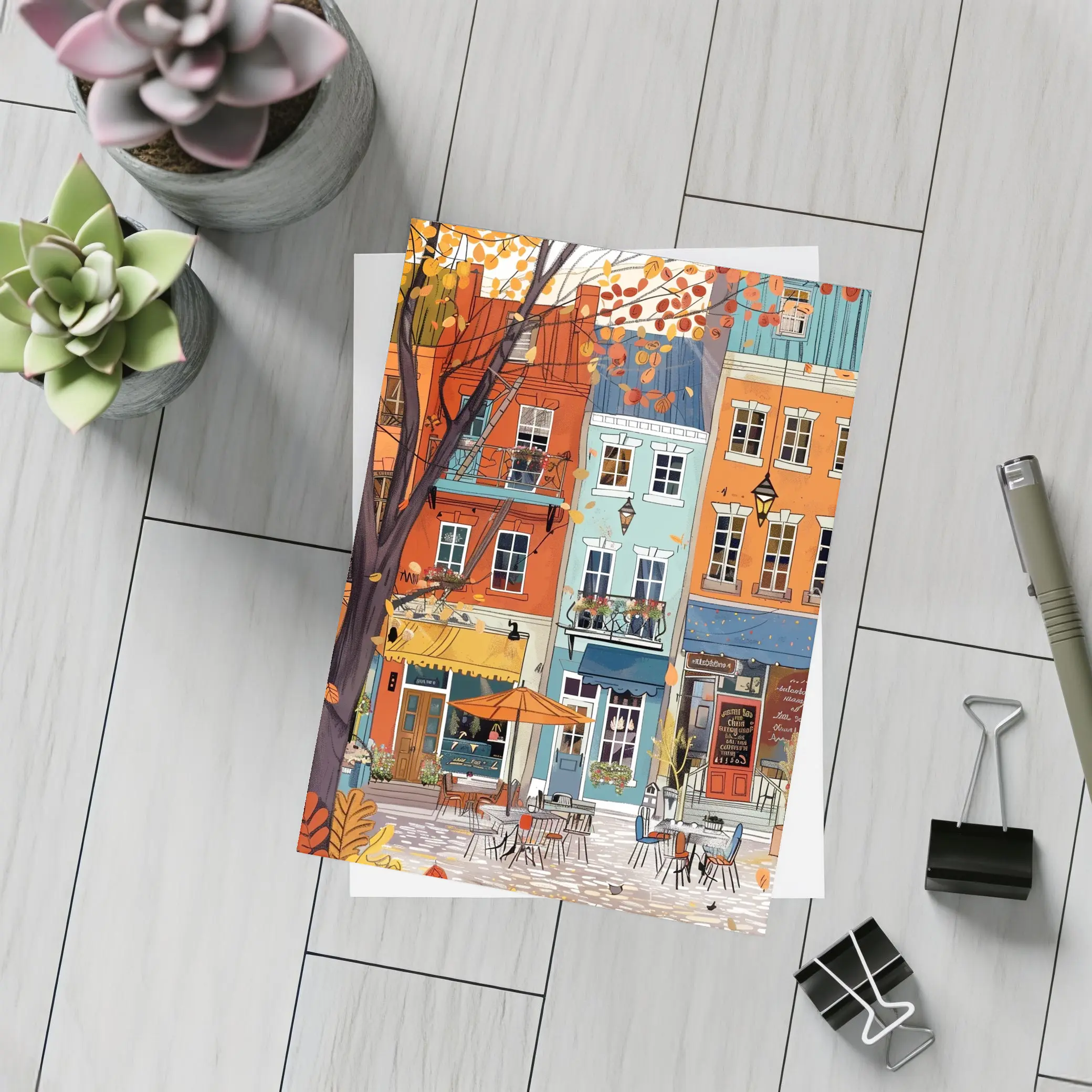 Autumn Street Cafe Colorful European City Illustration – Postcards