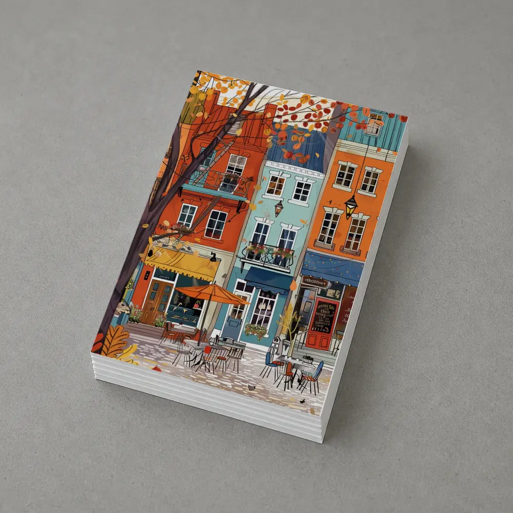 Autumn Street Cafe Colorful European City Illustration – Postcards