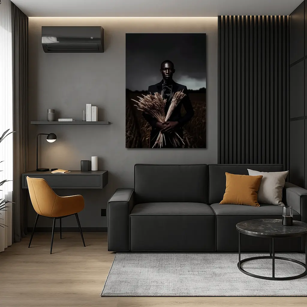 Man in Black Suit Holding Wheat Field – Wall Art