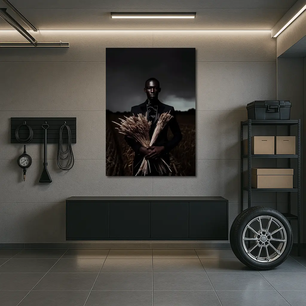 Man in Black Suit Holding Wheat Field – Wall Art