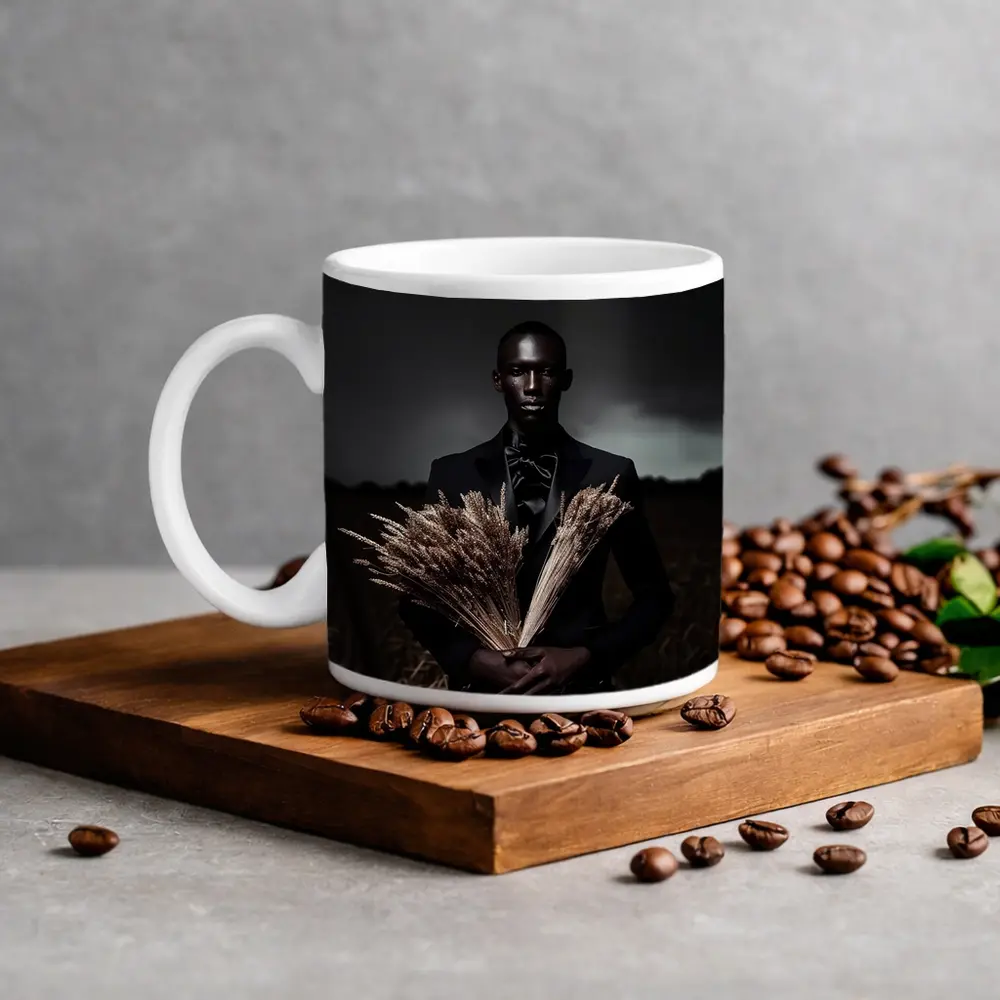 Man in Black Suit Holding Wheat Field – Mugs