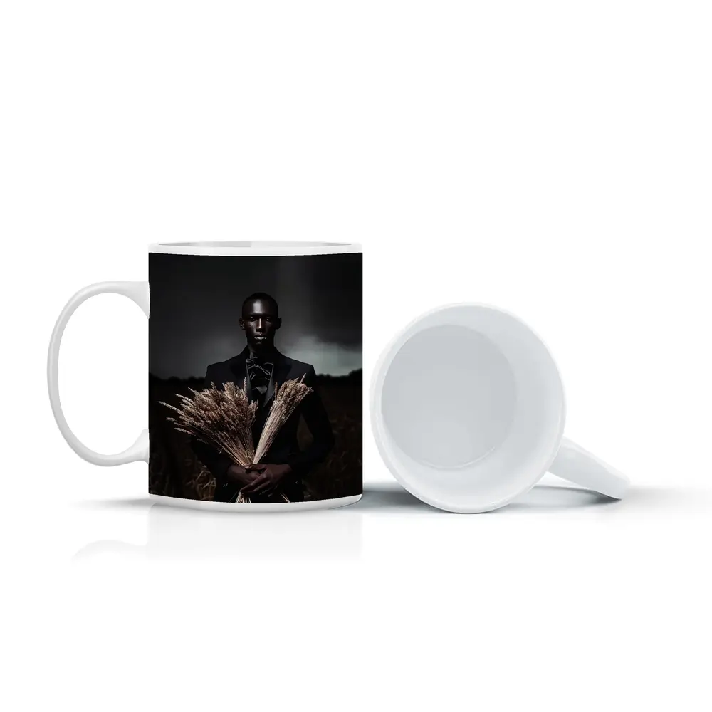 Man in Black Suit Holding Wheat Field – Mugs