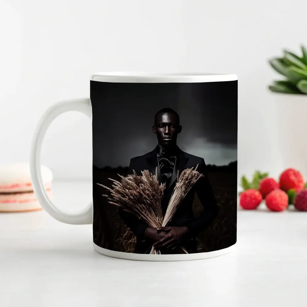 Man in Black Suit Holding Wheat Field – Mugs