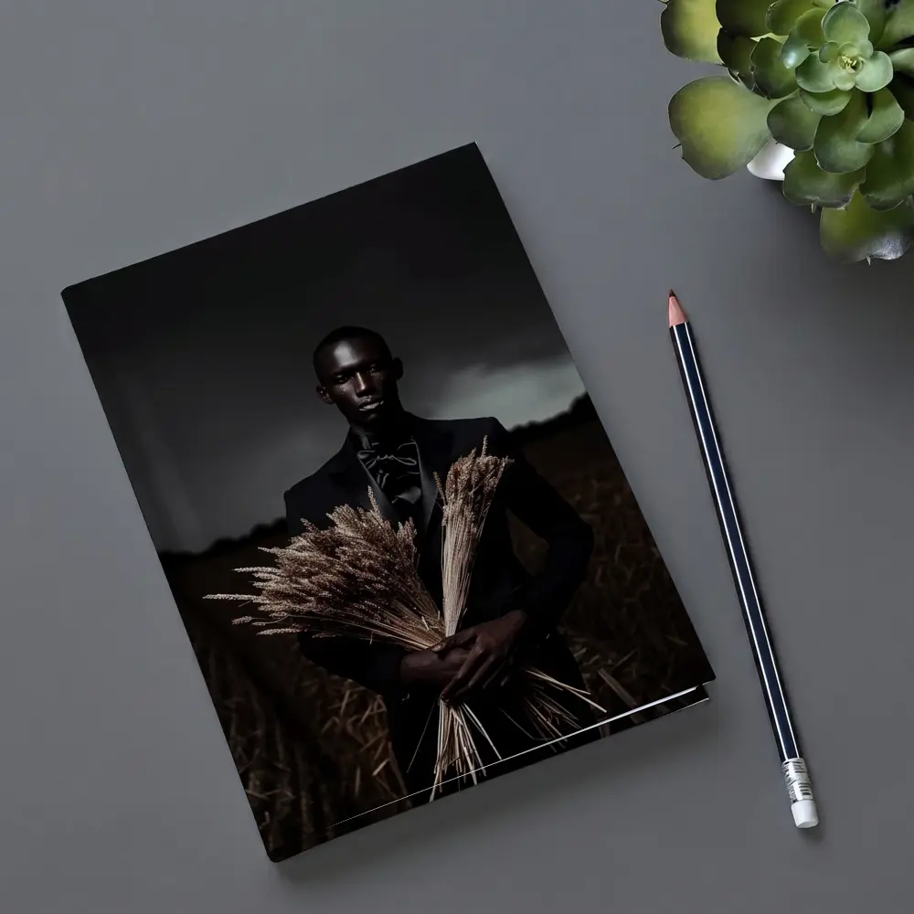 Man in Black Suit Holding Wheat Field – Notebooks