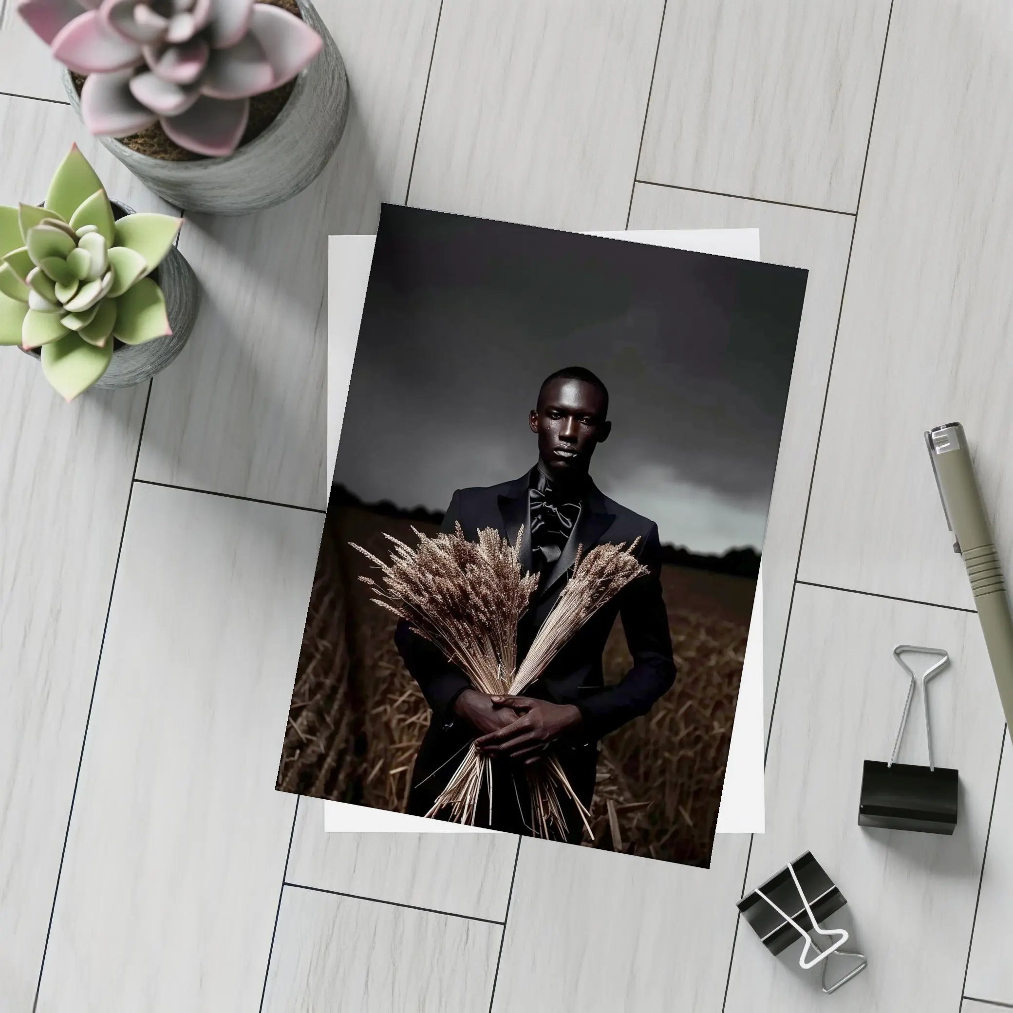 Man in Black Suit Holding Wheat Field – Postcards