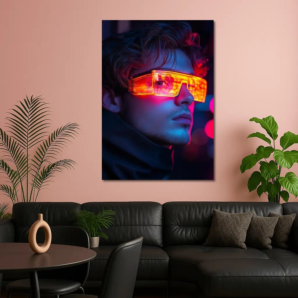 Cyberpunk Man Glowing Orange Visor Neon City – Wall Art