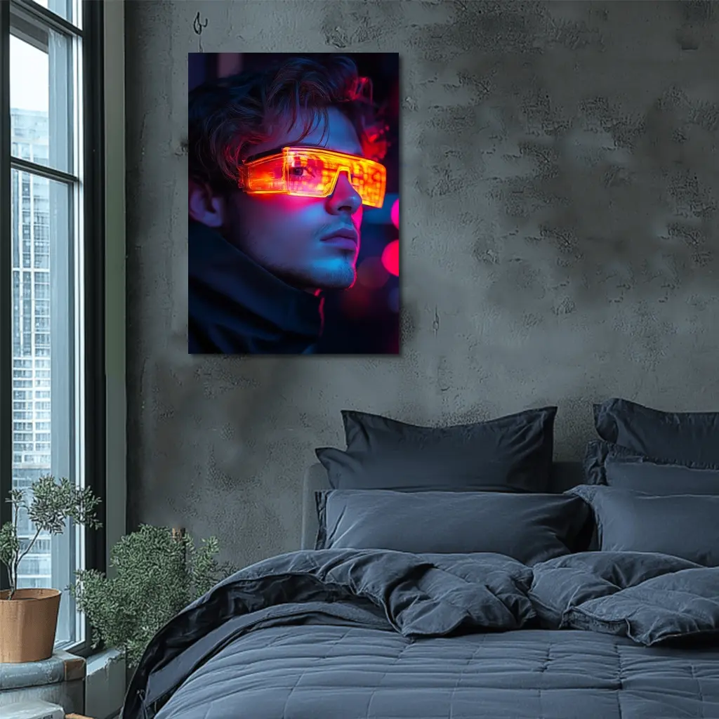 Cyberpunk Man Glowing Orange Visor Neon City – Wall Art