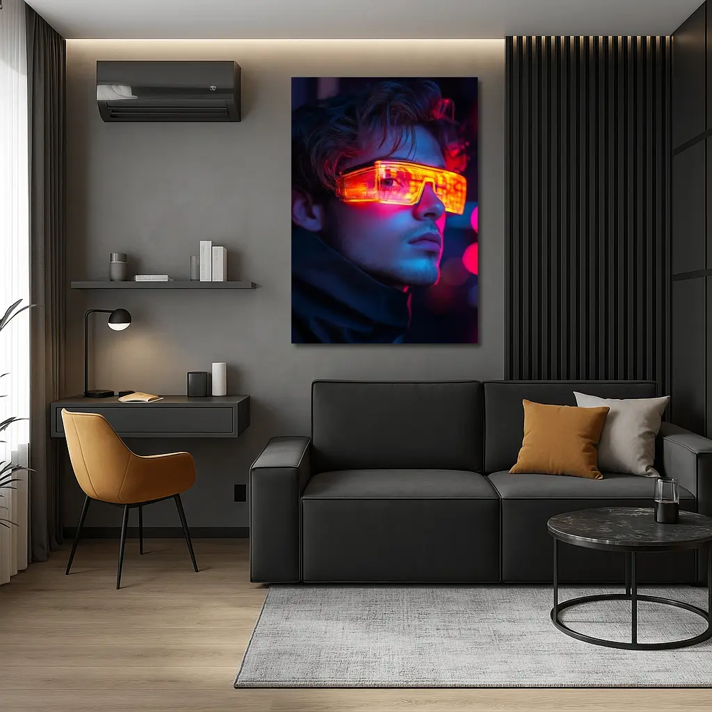 Cyberpunk Man Glowing Orange Visor Neon City – Wall Art