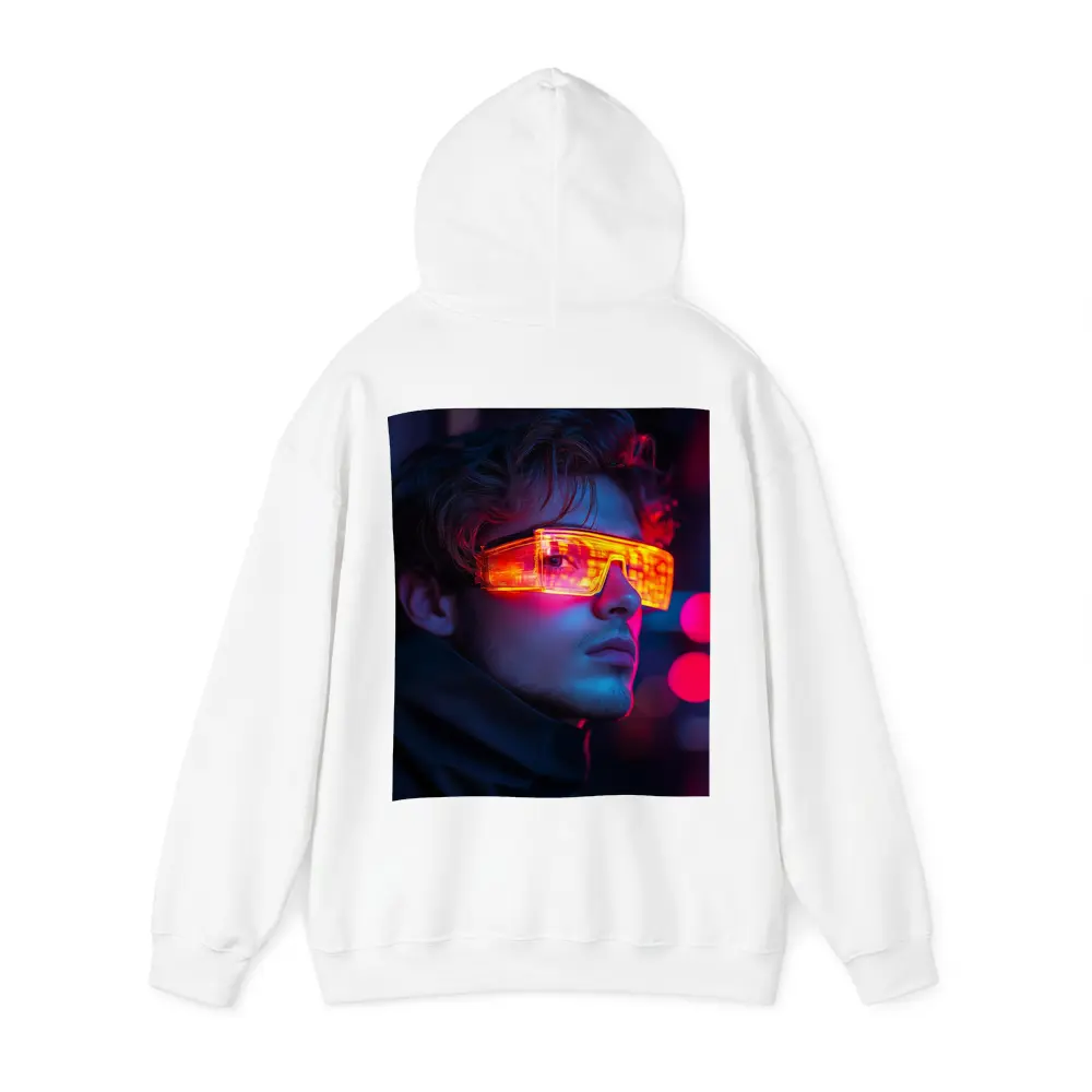 Cyberpunk Man Glowing Orange Visor Neon City – Hoodies