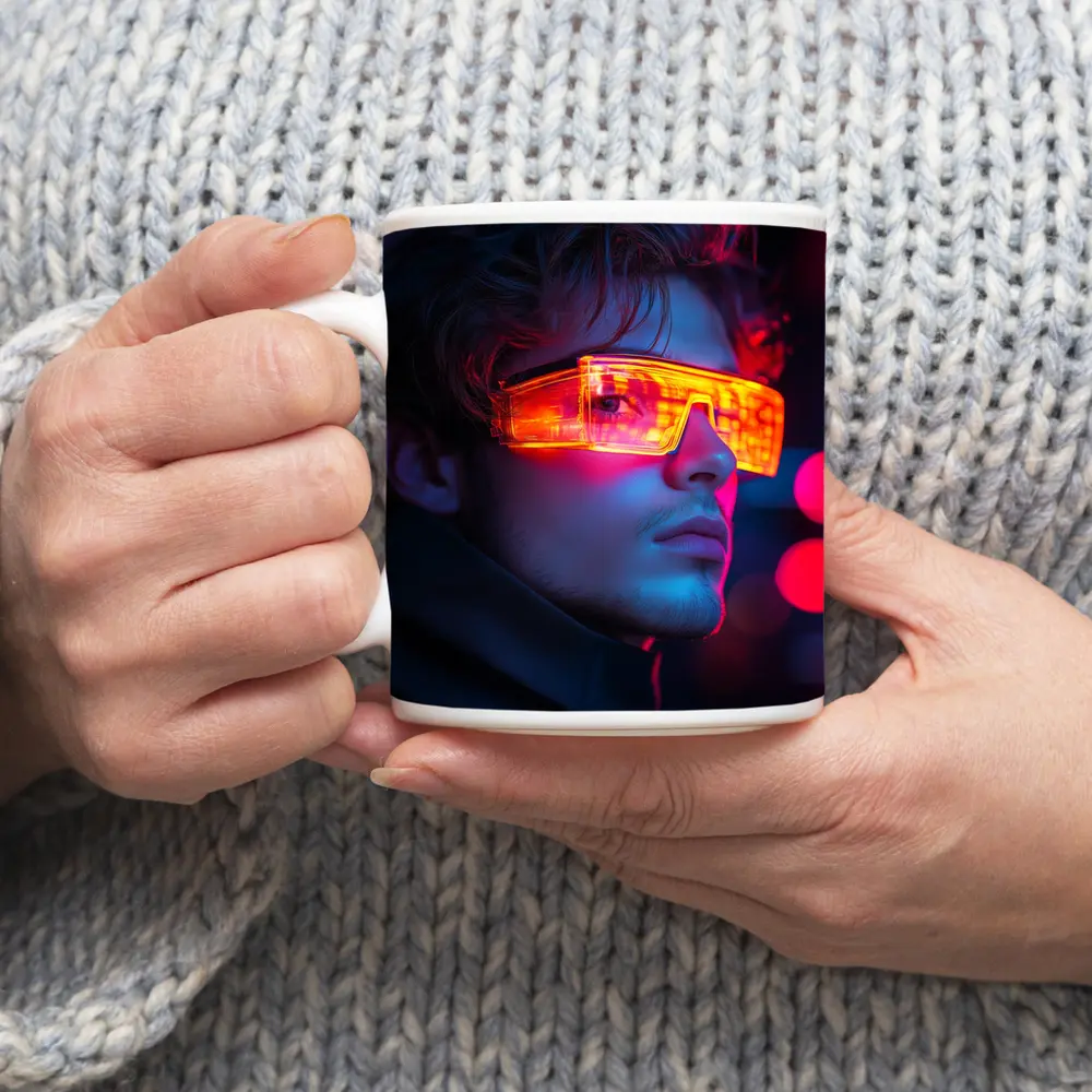Cyberpunk Man Glowing Orange Visor Neon City – Mugs