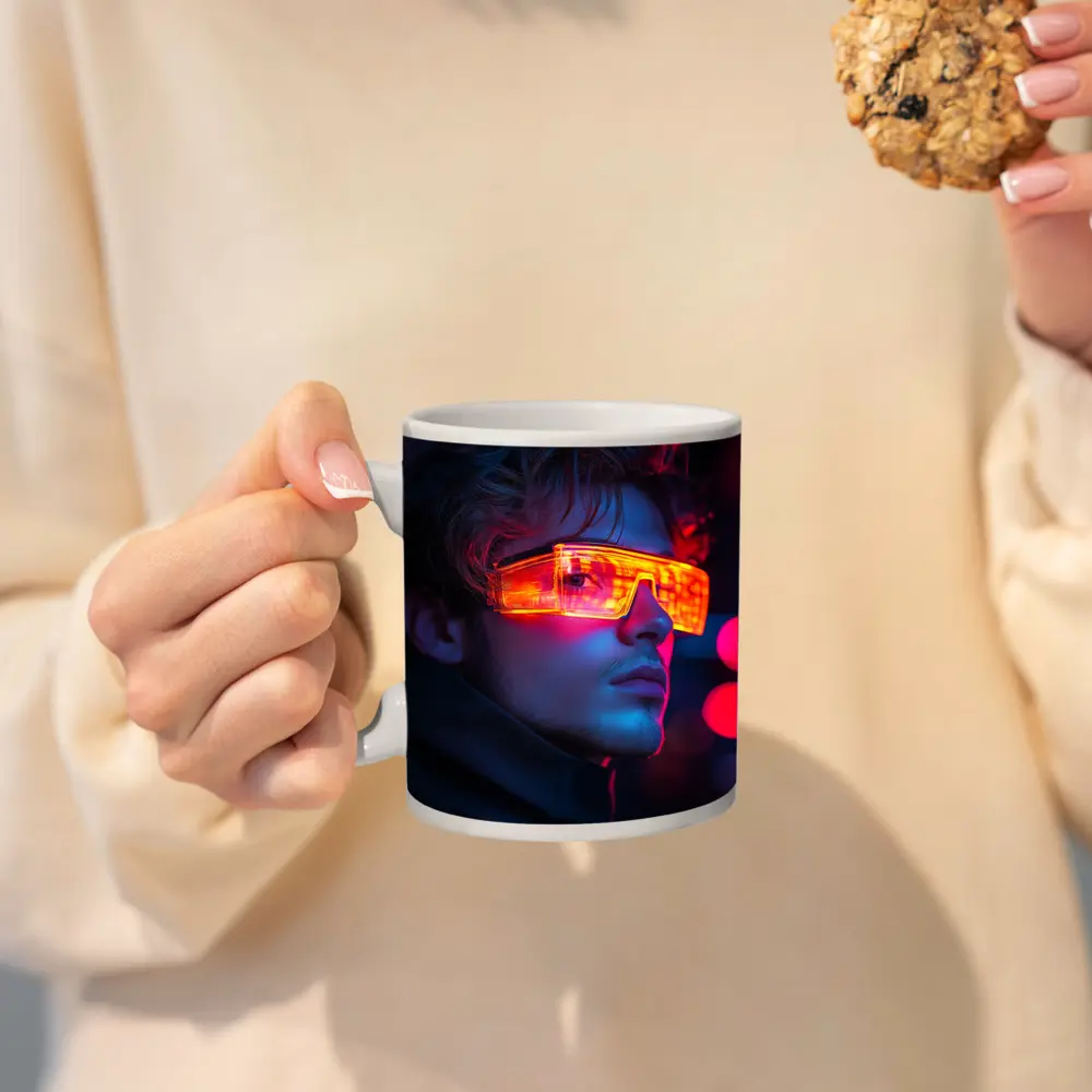 Cyberpunk Man Glowing Orange Visor Neon City – Mugs