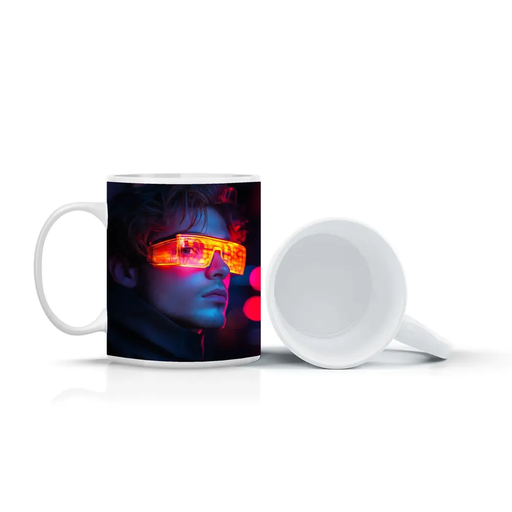 Cyberpunk Man Glowing Orange Visor Neon City – Mugs