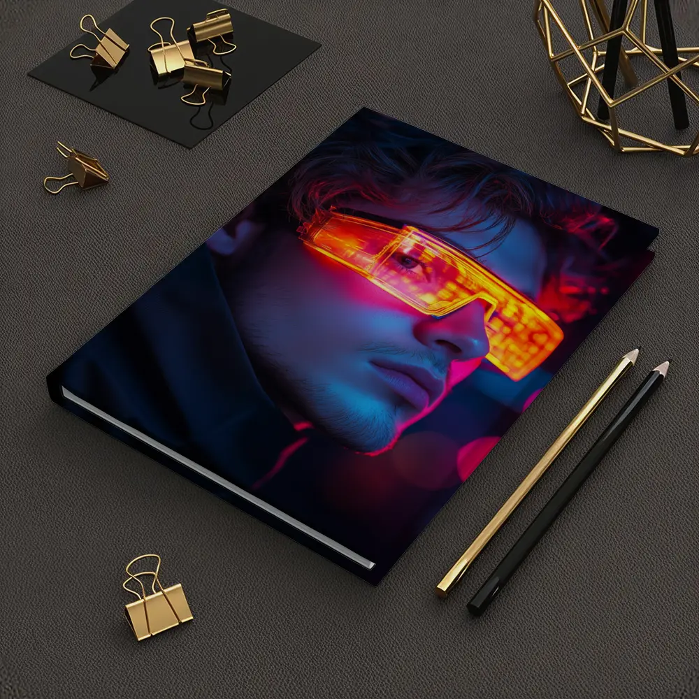 Cyberpunk Man Glowing Orange Visor Neon City – Notebooks