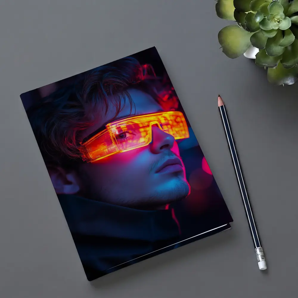 Cyberpunk Man Glowing Orange Visor Neon City – Notebooks
