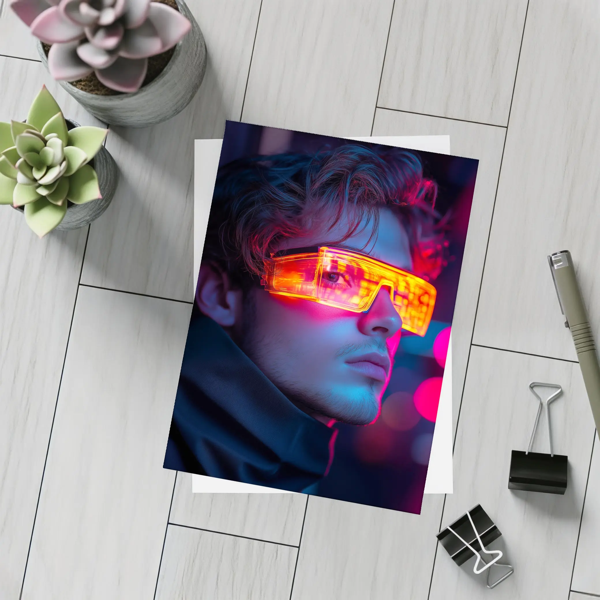 Cyberpunk Man Glowing Orange Visor Neon City – Postcards