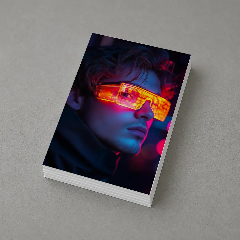 Cyberpunk Man Glowing Orange Visor Neon City – Postcards