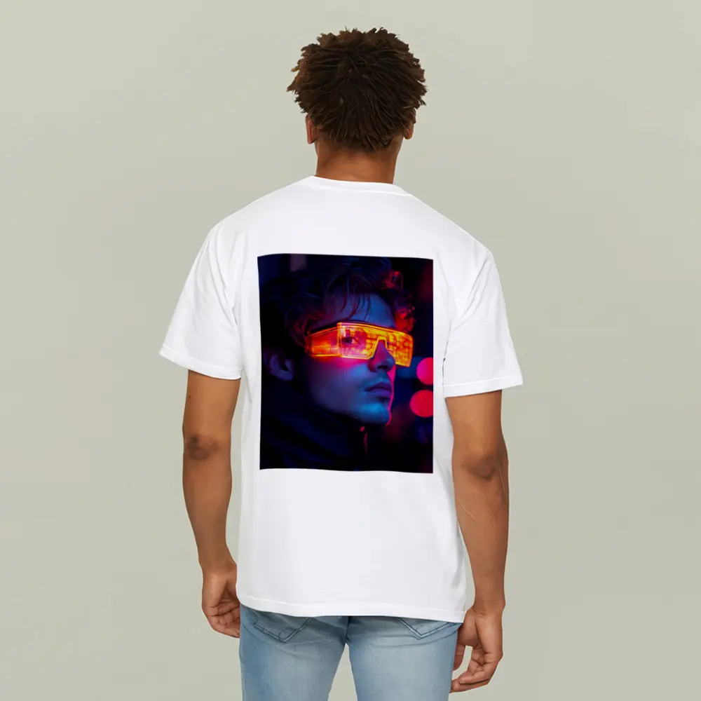Cyberpunk Man Glowing Orange Visor Neon City – T-Shirts