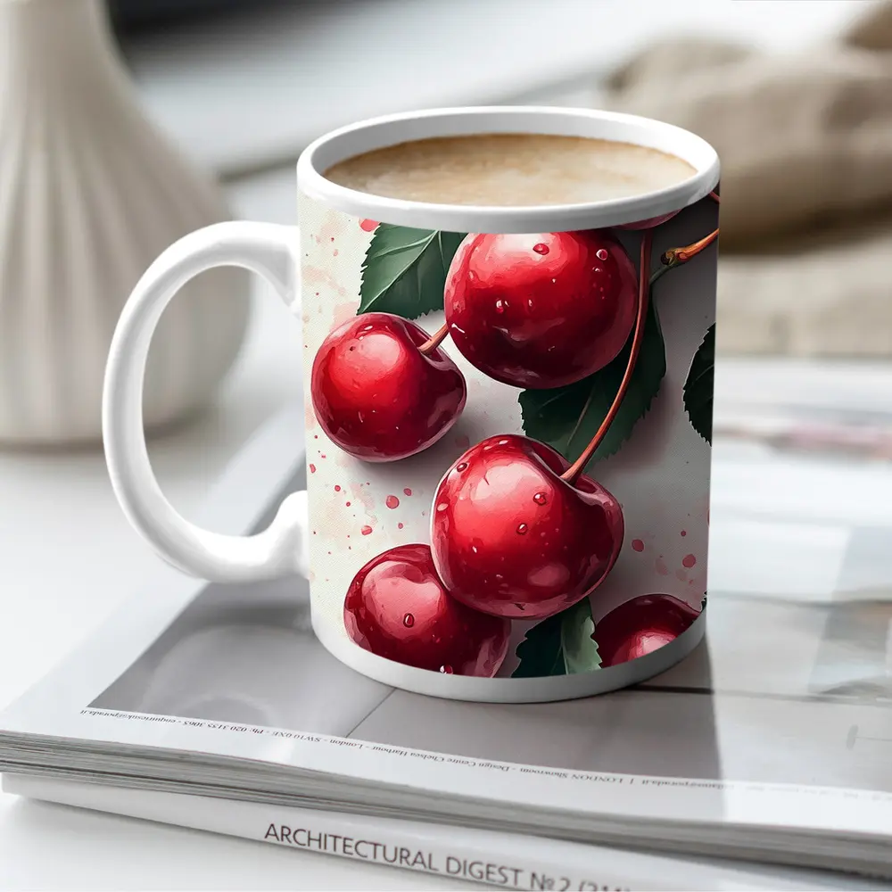 Red Cherries Watercolor Art White Background – Mugs
