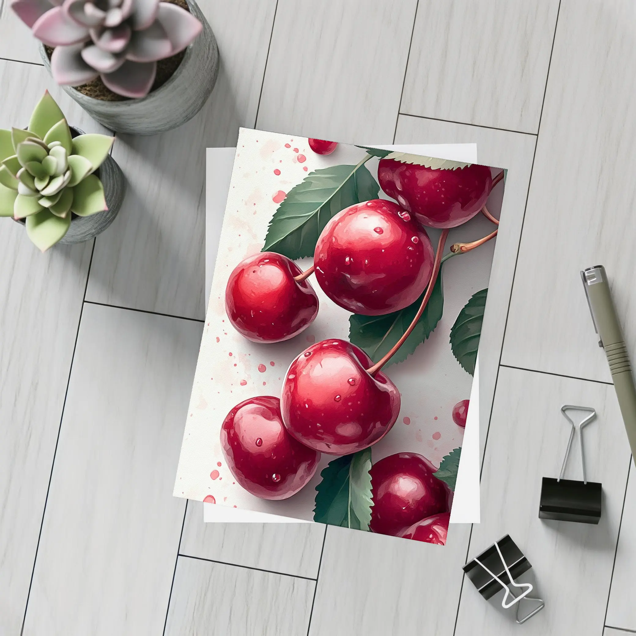 Red Cherries Watercolor Art White Background – Postcards