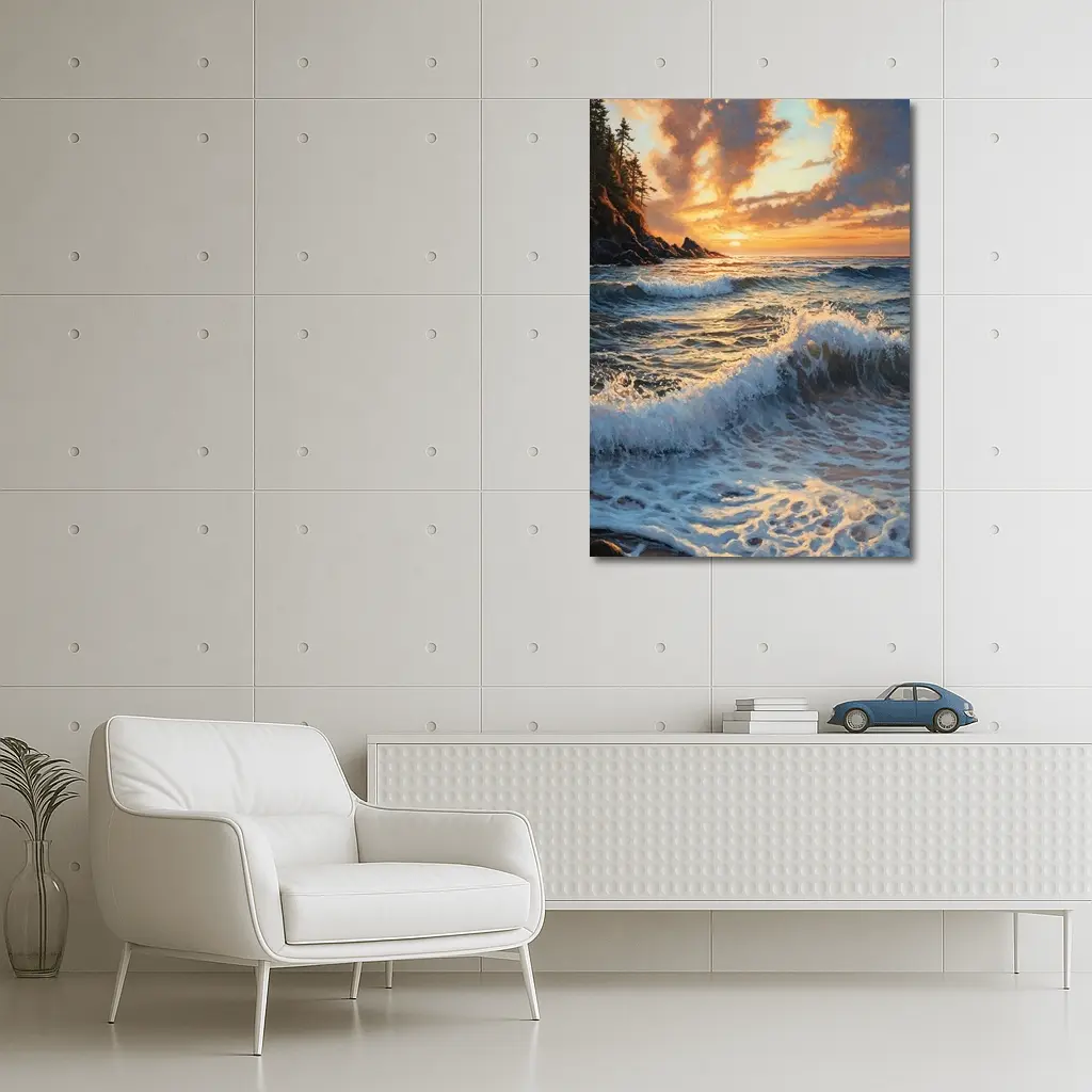 Ocean Wave Sunset Coastal Oil Painting Art – Wall Art