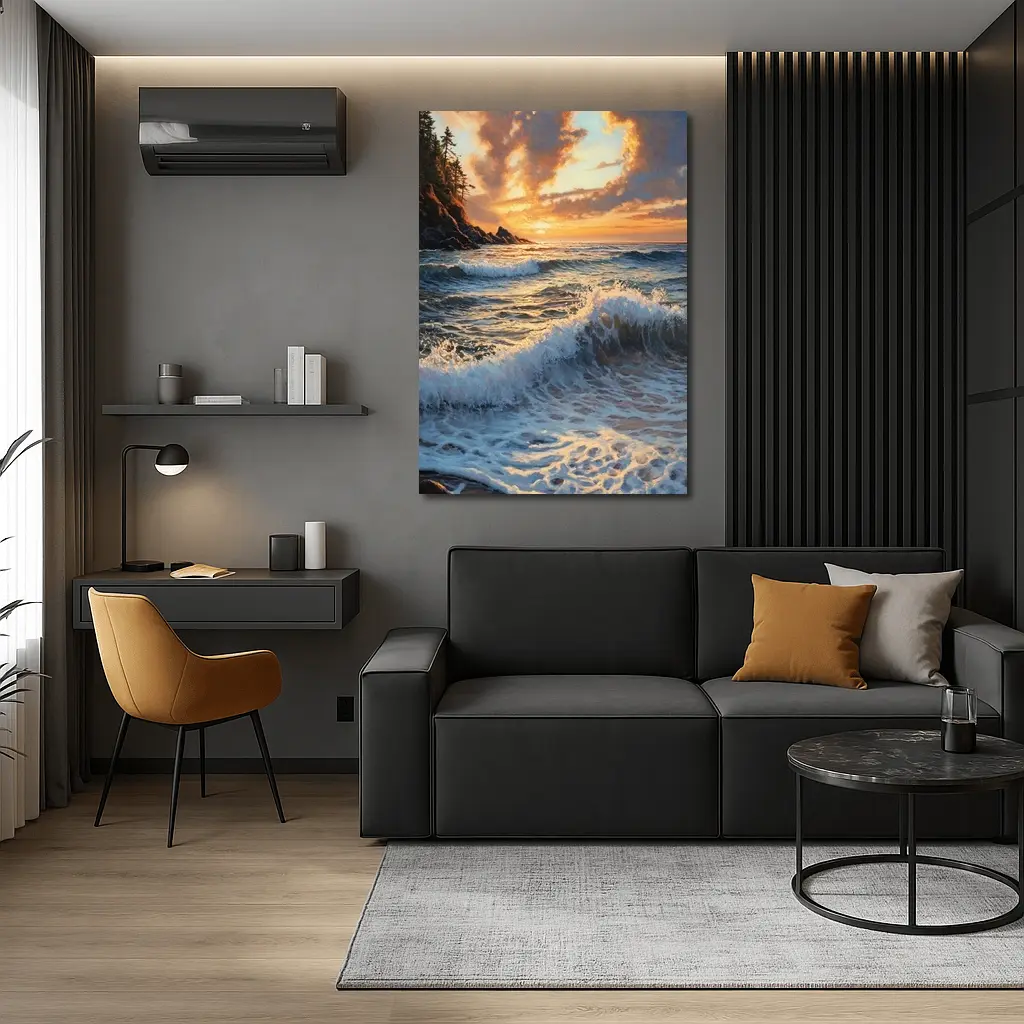 Ocean Wave Sunset Coastal Oil Painting Art – Wall Art