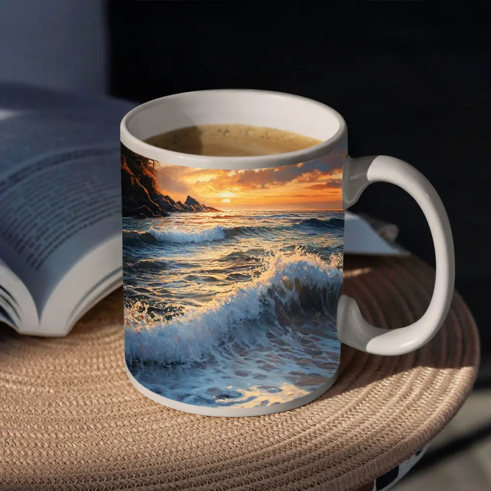 Ocean Wave Sunset Coastal Oil Painting Art – Mugs