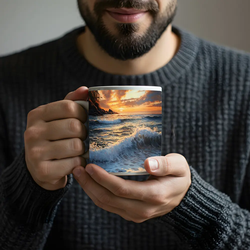 Ocean Wave Sunset Coastal Oil Painting Art – Mugs