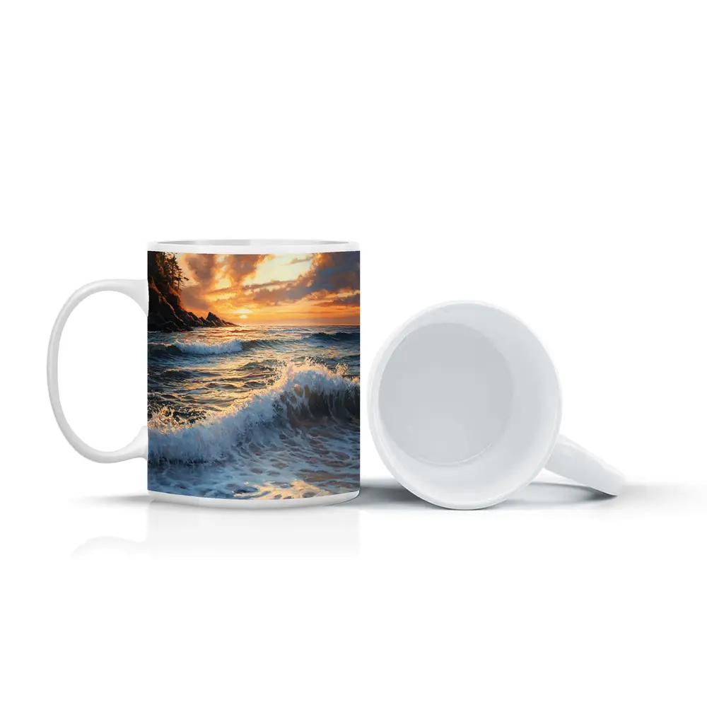 Ocean Wave Sunset Coastal Oil Painting Art – Mugs
