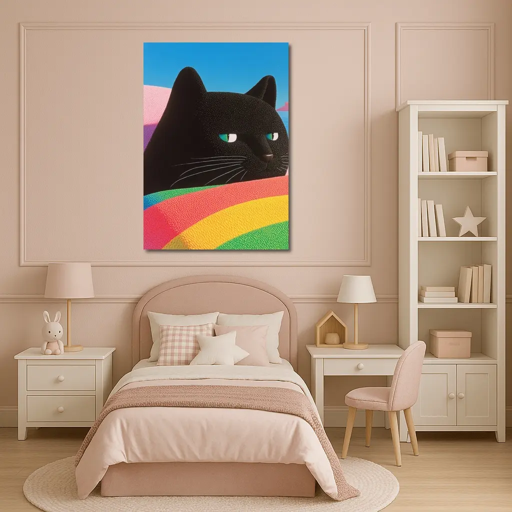 Black Cat Green Eyes Rainbow Pastel Background – Wall Art