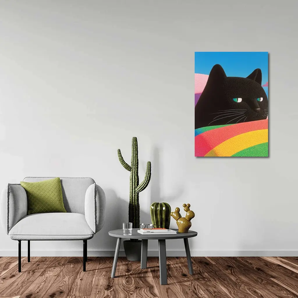Black Cat Green Eyes Rainbow Pastel Background – Wall Art