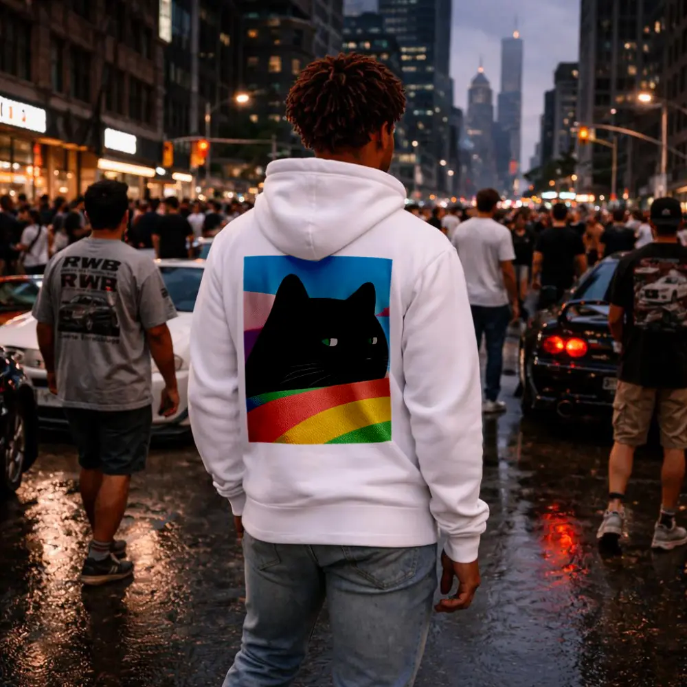 Black Cat Green Eyes Rainbow Pastel Background – Hoodies