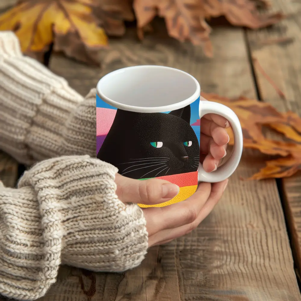 Black Cat Green Eyes Rainbow Pastel Background – Mugs