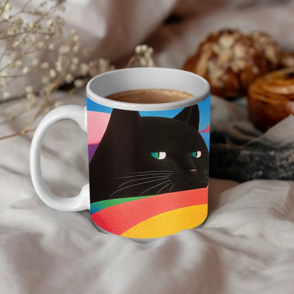 Black Cat Green Eyes Rainbow Pastel Background – Mugs