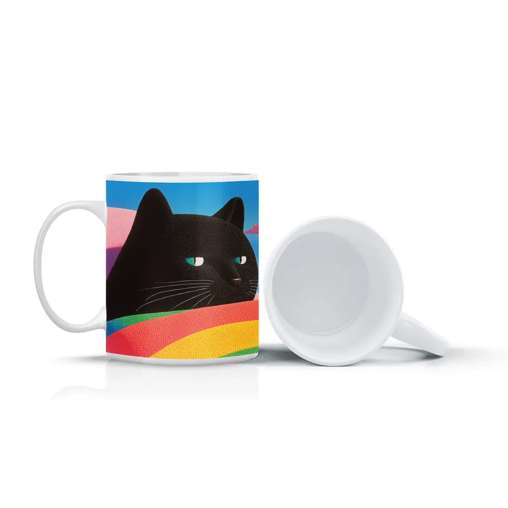 Black Cat Green Eyes Rainbow Pastel Background – Mugs