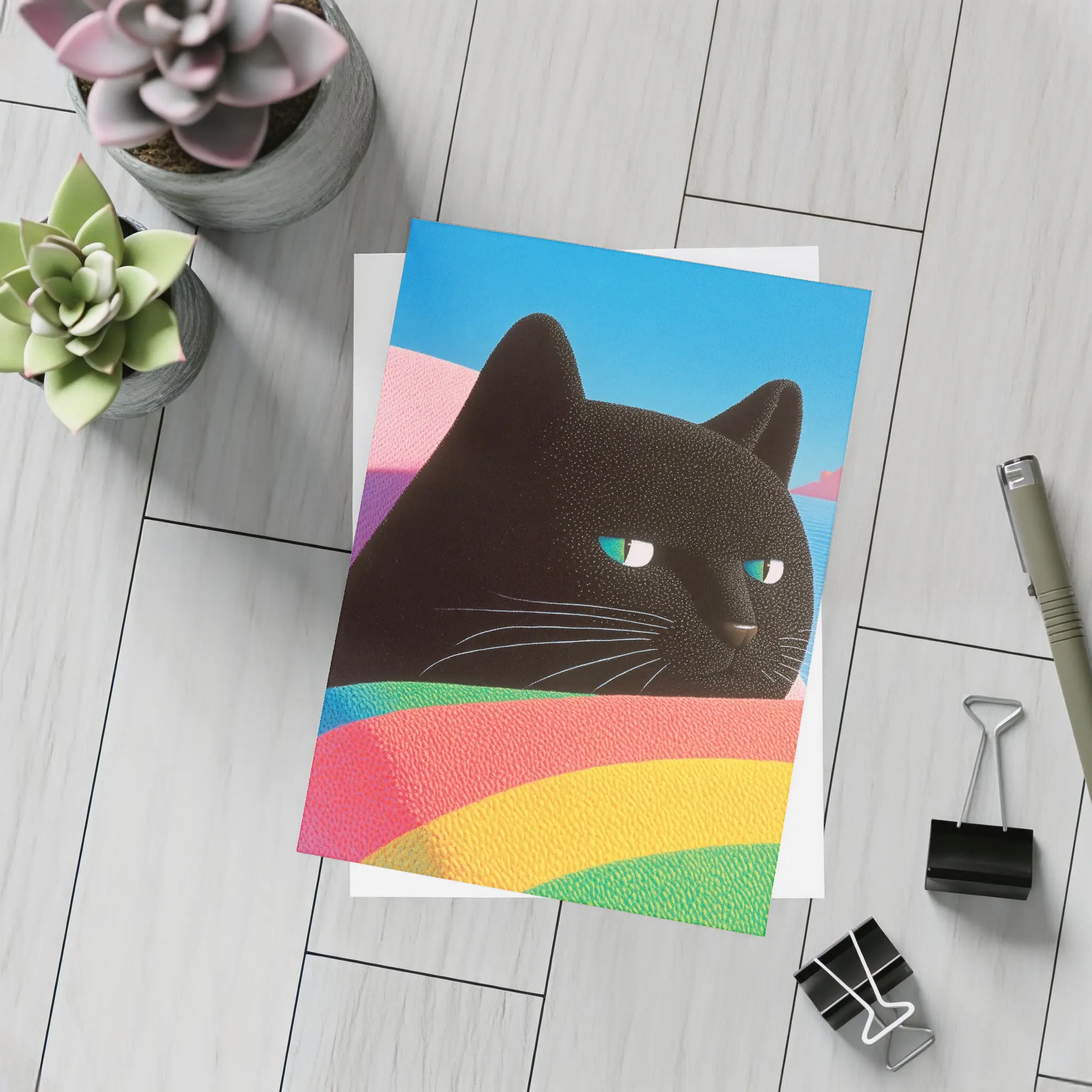 Black Cat Green Eyes Rainbow Pastel Background – Postcards