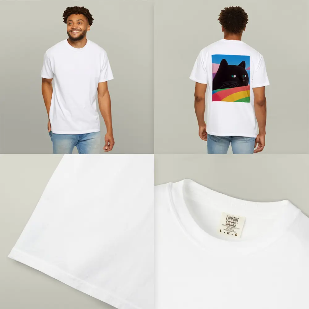 Black Cat Green Eyes Rainbow Pastel Background – T-Shirts