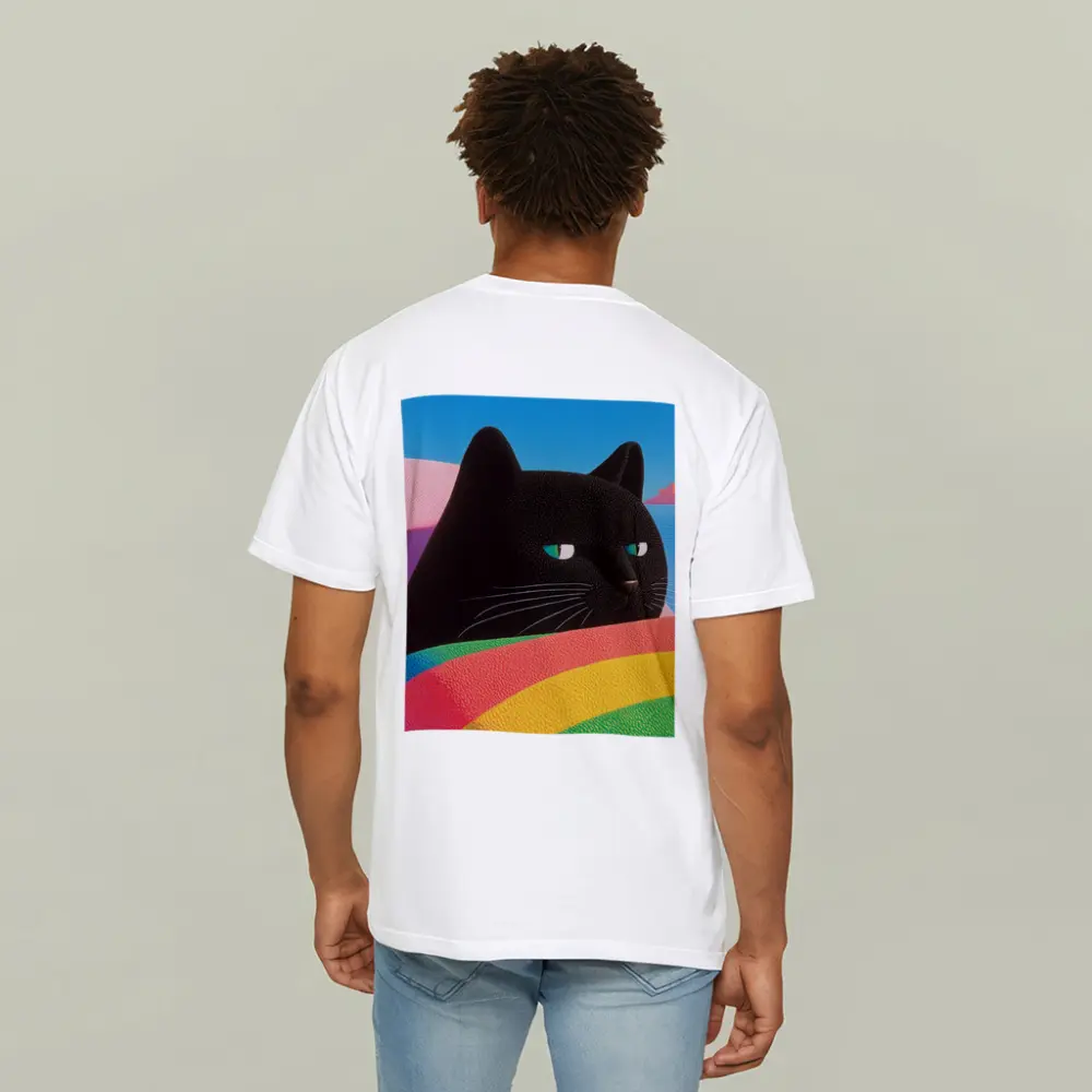 Black Cat Green Eyes Rainbow Pastel Background – T-Shirts