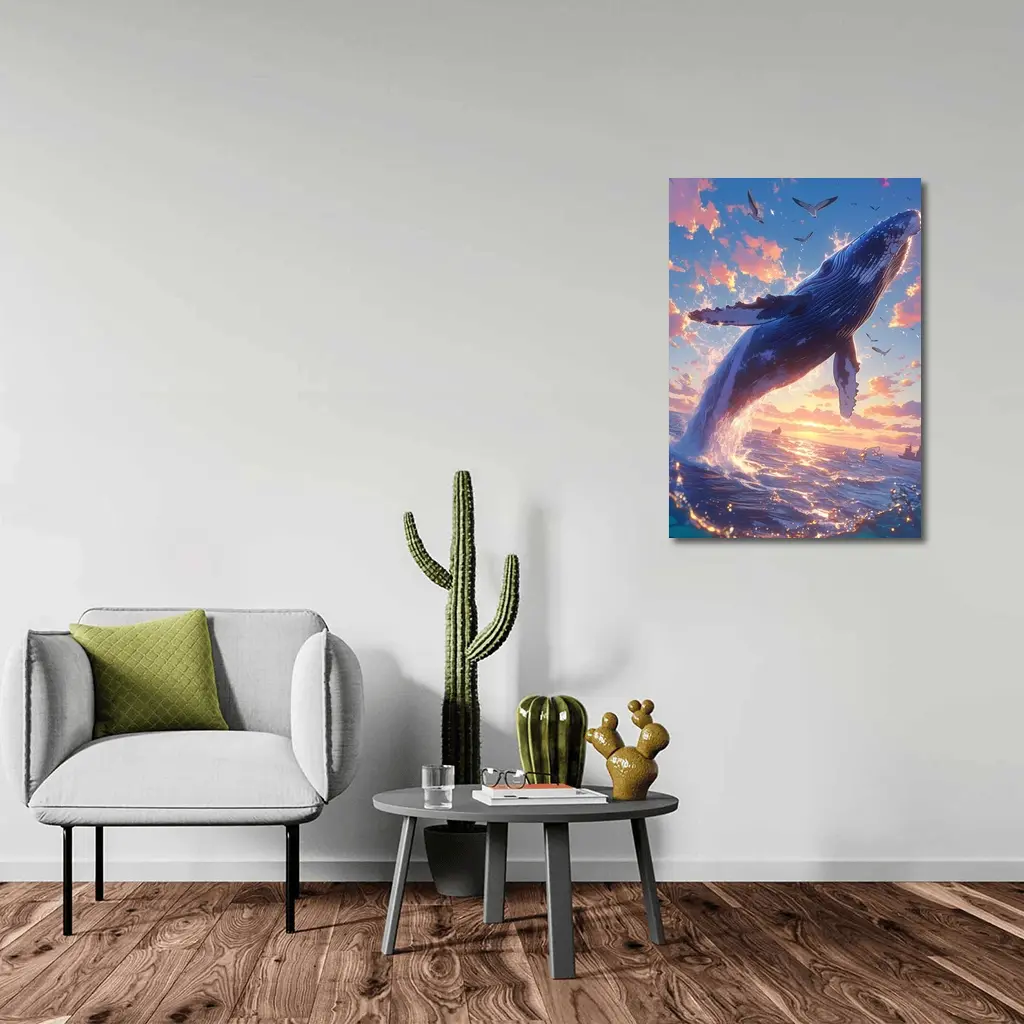 Humpback Whale Leaping Sunset Ocean Sky – Wall Art