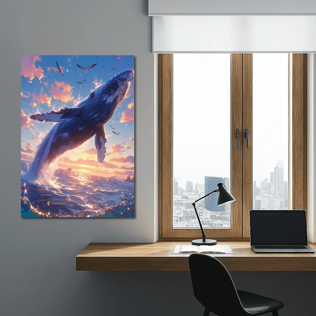 Humpback Whale Leaping Sunset Ocean Sky – Wall Art
