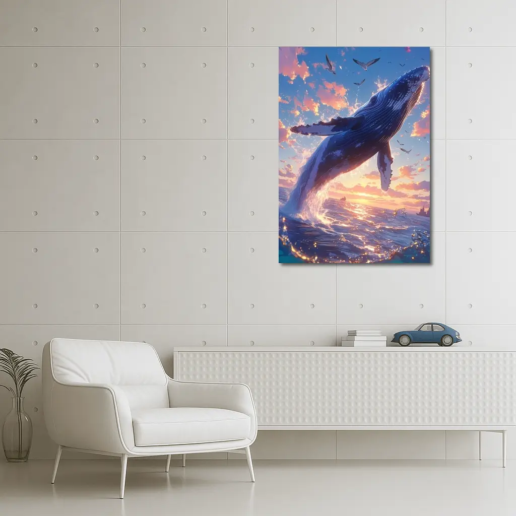 Humpback Whale Leaping Sunset Ocean Sky – Wall Art