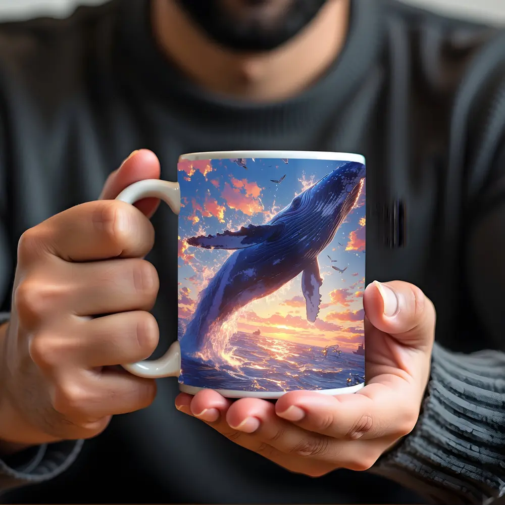 Humpback Whale Leaping Sunset Ocean Sky – Mugs