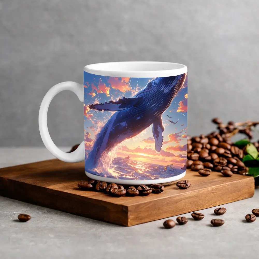 Humpback Whale Leaping Sunset Ocean Sky – Mugs