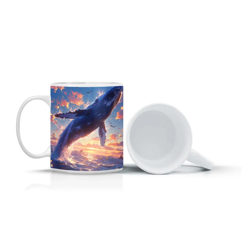 Humpback Whale Leaping Sunset Ocean Sky – Mugs