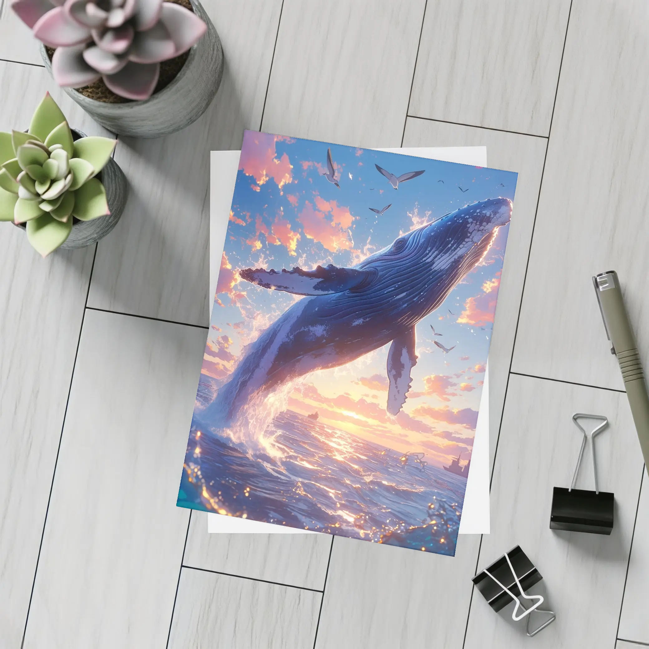 Humpback Whale Leaping Sunset Ocean Sky – Postcards